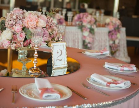 Table with beautiful wedding decoration. Flowers, floral decor